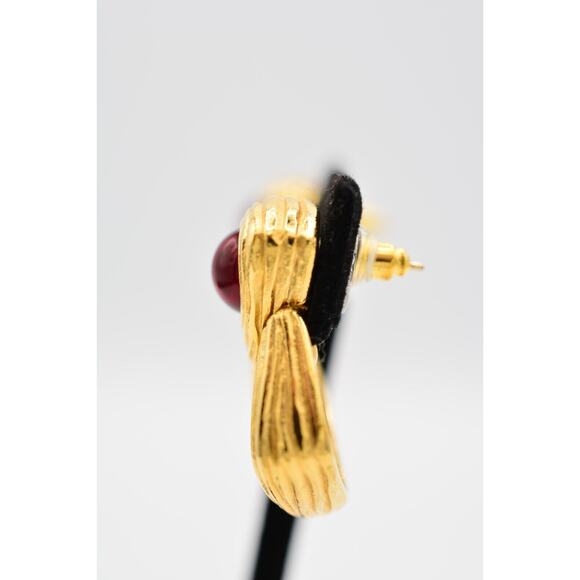 Givenchy Vintage Red Cabochon Earrings Post Brushed Gold Dangle Signed 80s Bin4 - Picture 10 of 12
